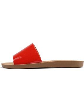 Women's Red Patent Peep Toe Basic Plain Slip On Slides Casual Slipper Shoes